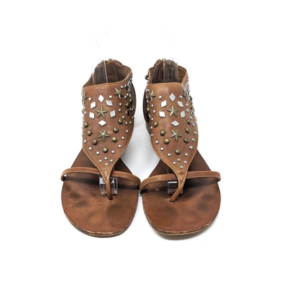 Ash Womens 8 Sandals Leather Studded Silver Gold Metallic Stars Cognac Zip 39 - Picture 5 of 9